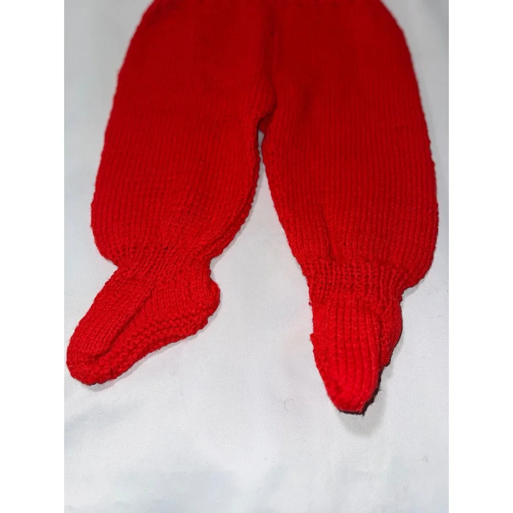 Vintage Hand Knit Baby Footed Overalls Red White Zigzag Bib Romper Sleeveless